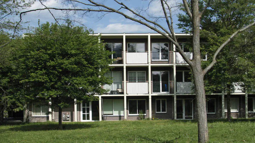 Flatgebouw uit de jaren zestig met balkons en een grasveld